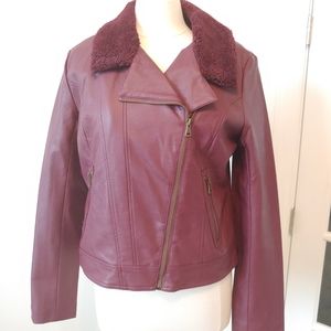Burgundy Faux Leather Moto Jacket Shearling Collar Women Large Quiet Luxury NWT